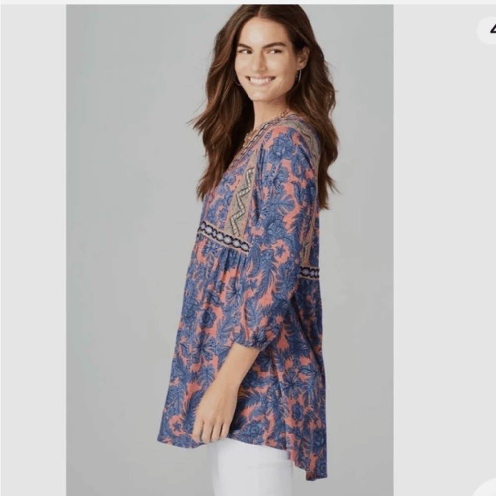 J Jill Boho Tunic Blouse XL Garden Refresh Pink Blue Floral Embroidered Hippie